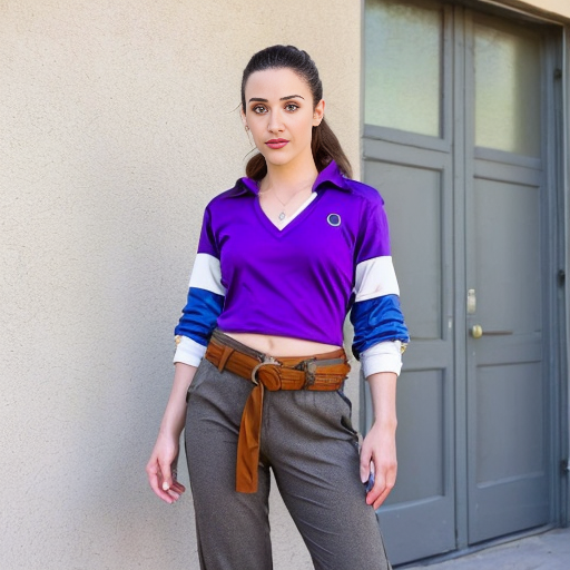 Generate a real life version of Aviva is a slender, young Hispanic woman in her 20s and above average height; she has long and bushy, armpit-length brown hair that she always ties back in a low ponytail, green eyes (with a slight grayish tinge), and tan skin. She usually wears a V-neck purple shirt and a yellow collared jacket with a blue stripe running down both of the sleeves, her pants are blue bell bottoms held by a black slim belt with a grey bolt on it, worn crookedly around her waist, and purple and white low-top sneakers.