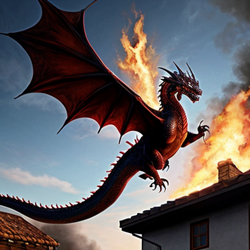 Draw me a mythological dragon flying through the sky above a village, breathing fire on the houses