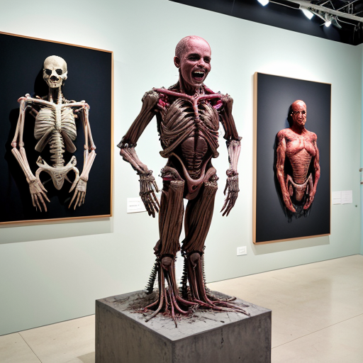 A high-resolution, detailed photograph capturing a complex, visceral biomechanical sculpture and human subject within a contemporary art gallery setting. The central figure is a large, elaborate sculpture constructed from exposed anatomical textures, deep red meat, bone, and intricate wiring, featuring multiple multi-jointed human heads and torsos with agape, screaming mouths, suspended and framed by white PVC piping and supports. The sculpture rests on a distressed white plinth with wheels. Standing next to it is a underground humanoid cannibal wearing a light blue face mask, a black long-sleeved shirt, dark jeans, and grey sneakers. In the foreground, another sculpture covered in a white cloth is visible. The gallery walls are mint green, and a large, framed classical painting is on the wall behind the sculpture. The scene has even, diffused lighting that highlights every extreme detail and texture, making the gore and materials look palpably real."