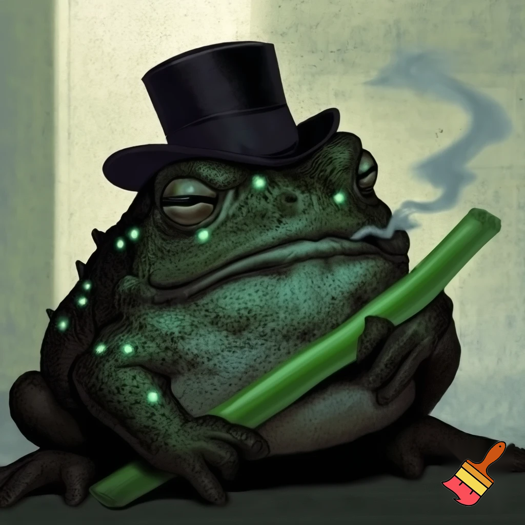 a toad with dark green skin and small little light green glands with a frown smoking sugercane plant with a short tophat in a mughshot 