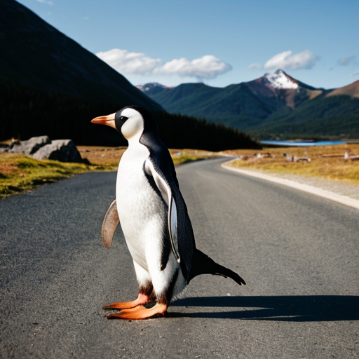 a ginger penguin walking to the mountains
