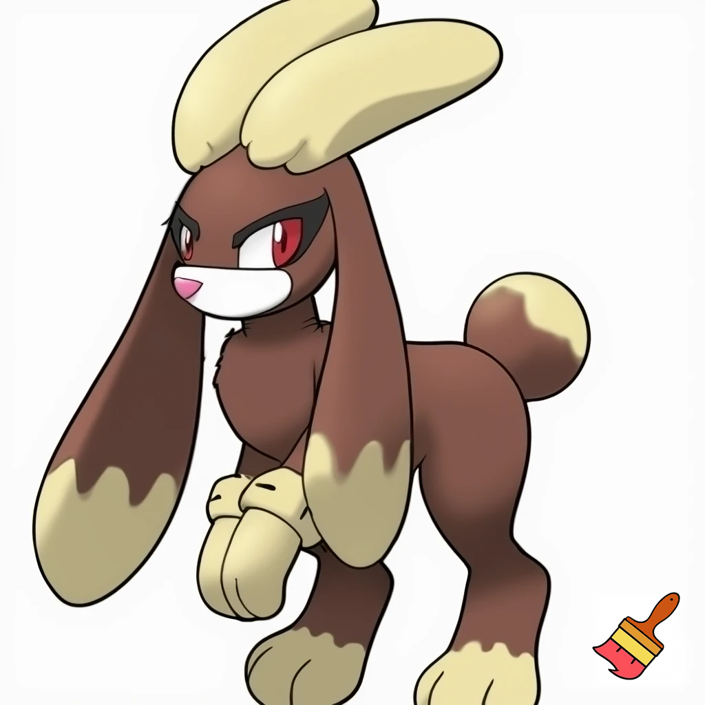 Lopunny is a graceful, anthromorphic bipedal rabbit Pokémon with a soft brown body, long, fluffy cream-colored fur on its ears, wrists, and lower legs, and distinctive large "eyebrow" tufts. It has red eyes with black markings, a small pink nose, and a short, round tail, often grooming its prominent ears and delivering powerful kicks Slender, half anthro girl humaniod rabbit-like, standing upright. tails sonic fusion