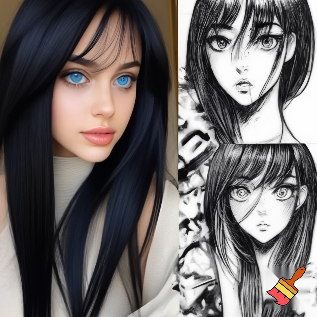 Female long black straight hair , ocean blue eyes, drawing,and realistic and drawing with color
Manga