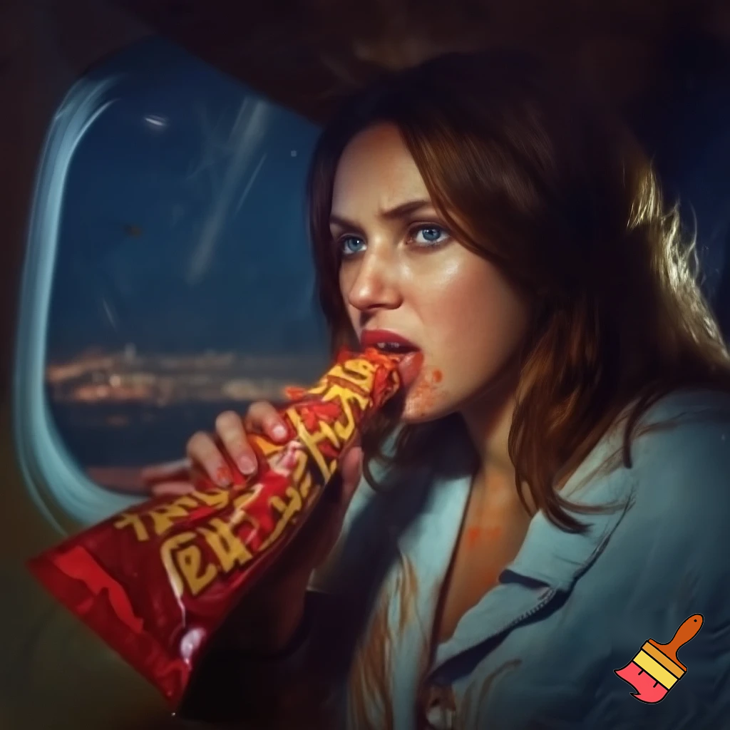 woman in a plane eats alot of hot cheetos