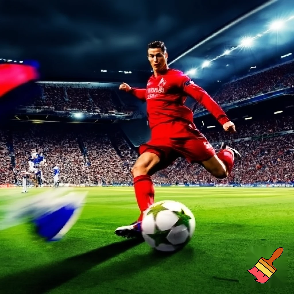 Ronaldo playing for Liverpool kicking a ball in the champions league against Everton