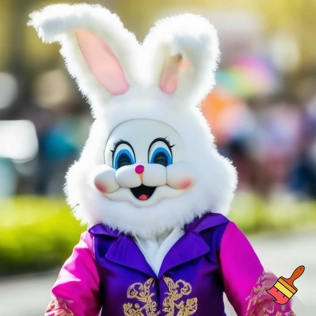 Easter bunny mascot costume top hat a colour face jacket purple and pink pink, purple and pink and gold purple and pink and gold