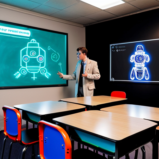 a robot teaching students in a holographic ai powered smart classroom ,digital screeens ,neon lighting

