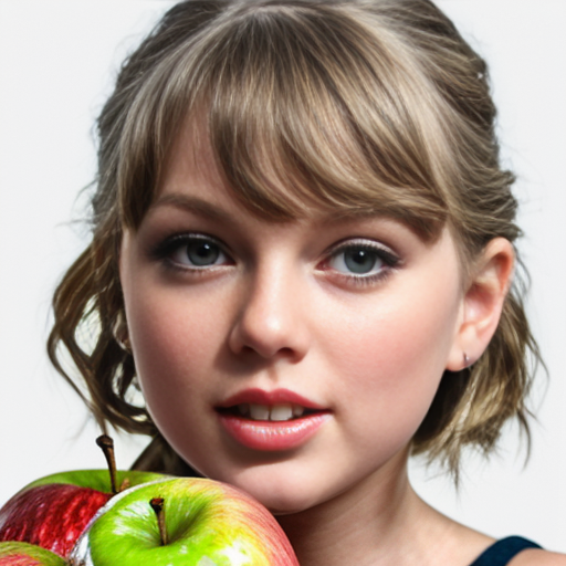 Jabłko z realistyczna twarza Taylor Swift oraz z uroczymi małymi zwierzęcymi nóżkami i rekami. Na białym tle. Ma być dorosła. Bardzo urocze!