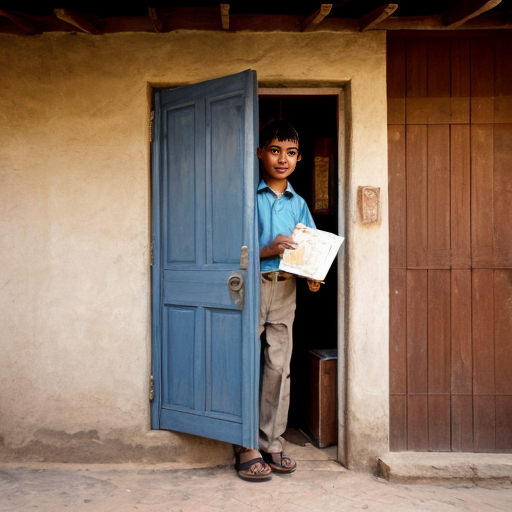 “honest boy knocking on rich man’s house door, holding wallet, simple village background”