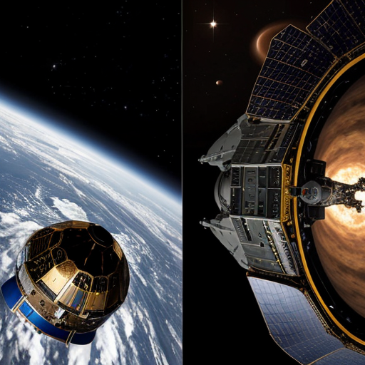 Mostrare l’astronave dall’esterno nello spazio profondo, includendo **due viste nella stessa immagine** (ad esempio vista a tre quarti e vista laterale o dall’alto).  
> L’astronave deve apparire piccola e agile, con fusoliera aerodinamica, propulsori posteriori luminosi, antenne e dettagli funzionali, finestrini panoramici.  
> Illuminazione cinematografica, riflessi realistici sulla scocca, stelle e un pianeta sullo sfondo per dare scala, resa ultra-dettagliata, qualità 4K.