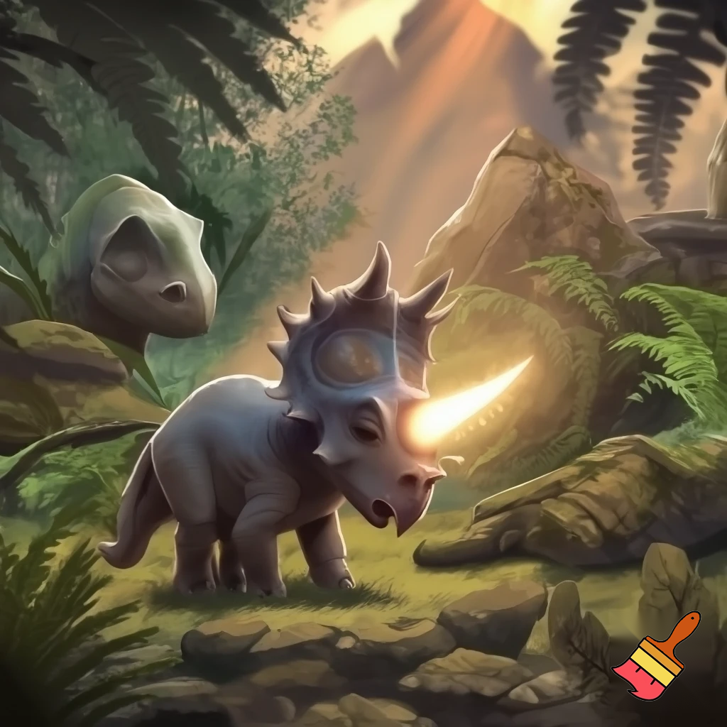 Draw a baby triceratops in the wild with a glowing nose horn and another dinosaur looking at him curiously 