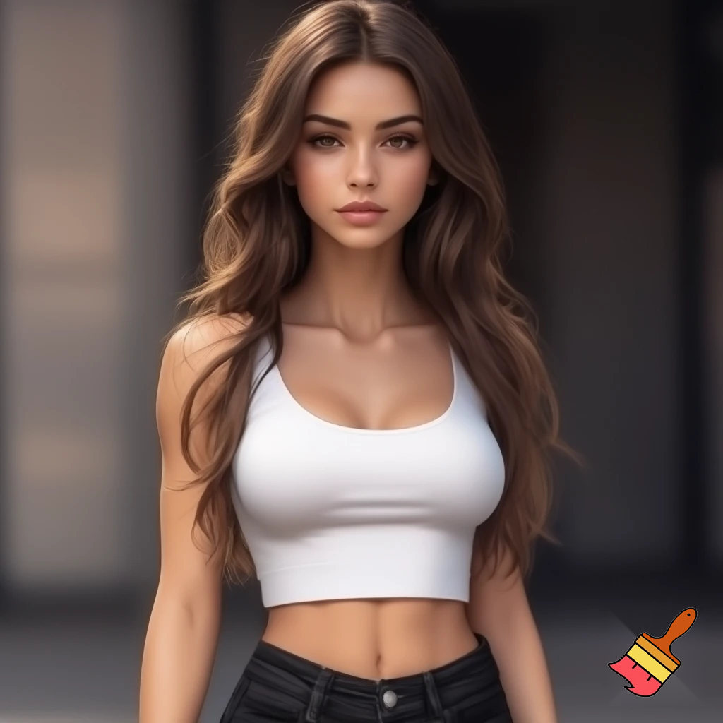 Photorealistic portrait of a blonde woman, approximately 22 years old, with long legs and athletic figure. She has long, naturally flowing dark blonde hair, oval face, almond-shaped haselnut brown eyes, average eye spacing, slim straight nose, naturally full lips, soft facial features, harmonious proportion and delicate, harmonious facial features. Her overall presence is confident, natural, and modern.  Natural daylight. white croptop, black jeans.