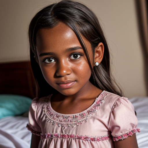 sudanese little girl, long brunette hair, night dress, on the bedroom, close up