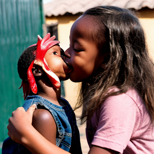 An african kid French kissing a friend chicken