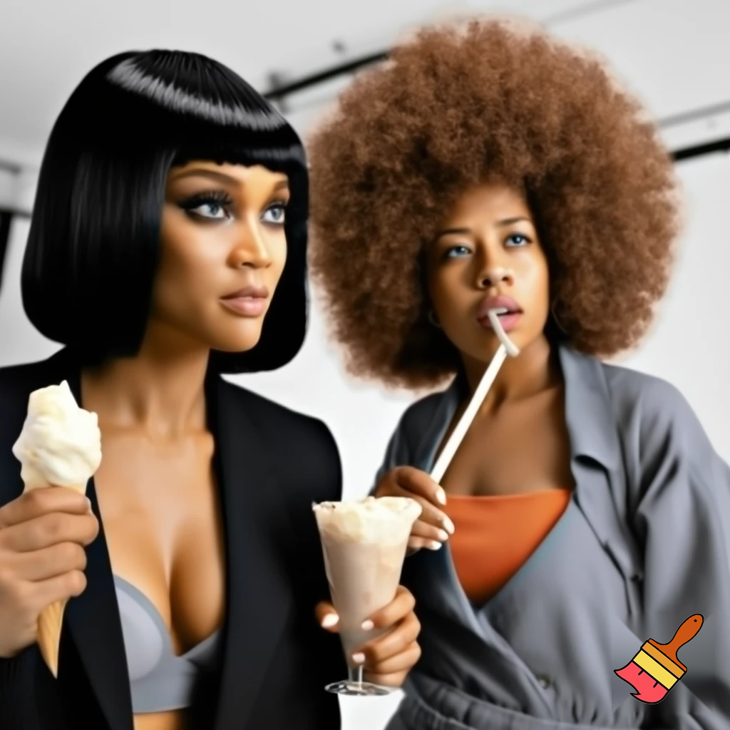 Tyra Banks and Kelis filming a commercial on the image Tyra Banks has a black sleek middle part bob hair wearing a black suit and a grey bra eating ice cream and Kelis has a brown voluminous curly brown hair Afro wearing a grey jumpsuit and a orange camisole drinking milkshake 