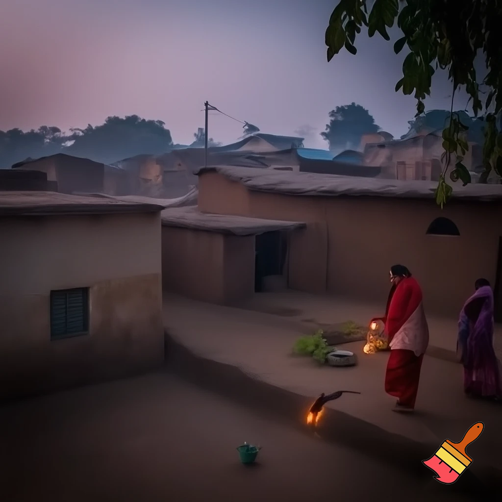 Early morning Indian village near Ganga river, small mud houses, tulsi plant in courtyard, women sweeping and lighting diya, soft sunrise light, peaceful spiritual aura, realism, cinematic tone.