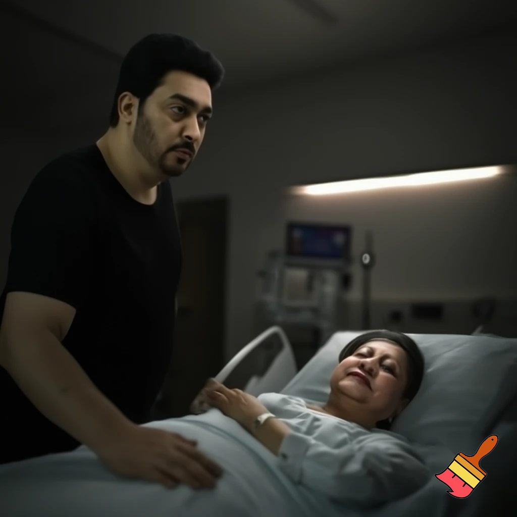 Kannst du ein Bild generieren wie Tarek zia seine Mutter in Krankenhaus besucht während khaleda zia auf dem Bett liegt  