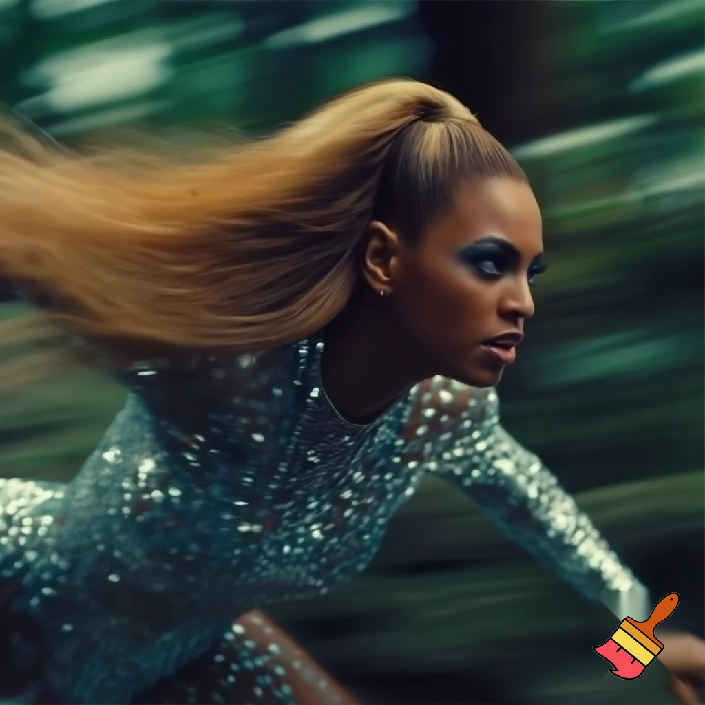 Beyonce with honey blonde slick ponytail runnning blurry photo with a diamond bodysuit chasing with a stick angry trough the woods close up of her face