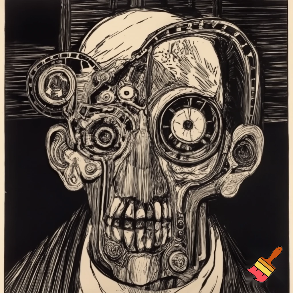Bio-mechanical portrait, noise art. In the style of a 1920's German Expressionist woodcut print. Black & white.