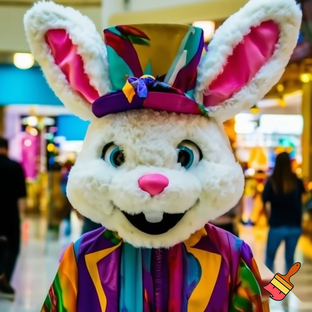 Easter bunny mascot costume top hat shopping Centre colourful jacket  colourful top hat