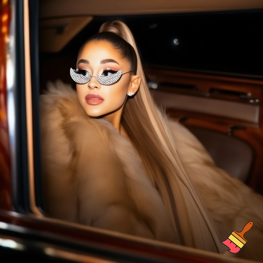 ariana grande with a high slick ponytail wearing a fur coat posing in a luxurious car with diamond glasses selfie angle