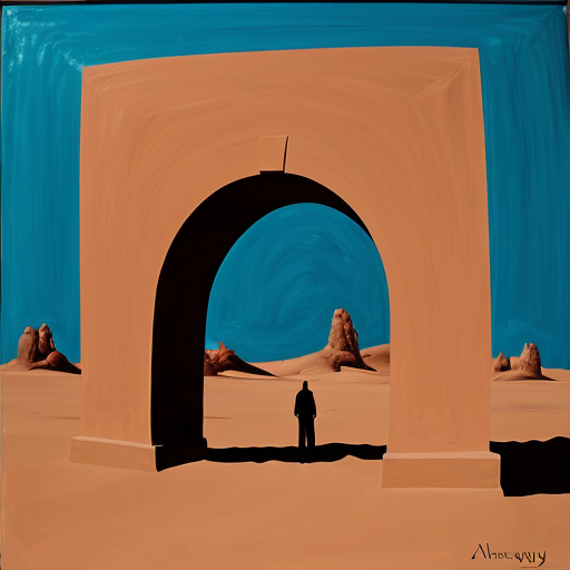 Paint and desert arch with multiple abstract figures in Tanguy style