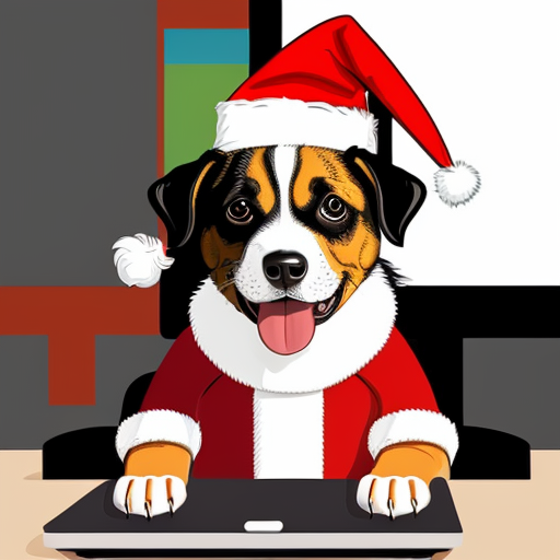 Create an image of an anthropomorphic dog sitting at a desk, working on a computer. The dog is smiling and wearing a red Santa hat. 9:16