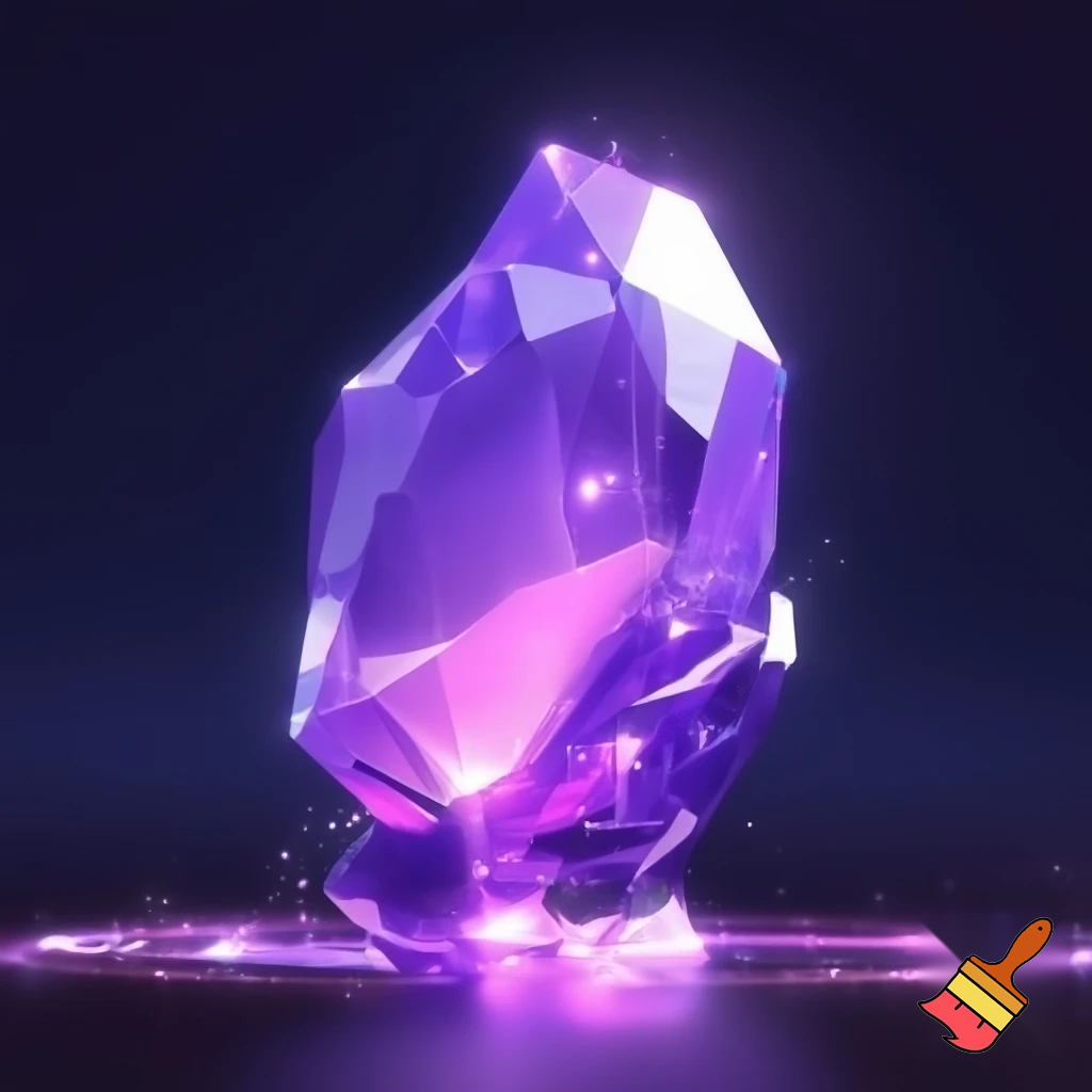 A crystal being carved from transparent purple gemstone, with soft glowing light shining from within. Her body is faceted like a jewel, smooth and reflective, and her voice creates faint light echoes around her. She appears elegant, bright, curious and magical, with prismatic sparkles catching the light around her. A character made entirely of vibrant, polished crystal.
