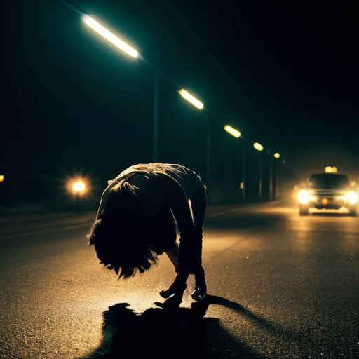 A dramatic action scene at night. A young woman lunges forward, pushing a man out of the path of an oncoming car. The car speeds past with motion blur and bright headlights cutting through the darkness. The woman’s expression is intense and determined, the man shocked mid-fall. The glowing vintage watch in her hand has just gone dark. Strong cinematic lighting, high contrast, dynamic motion, emotional intensity, ultra-realistic, 4K, film still, dramatic shadows.