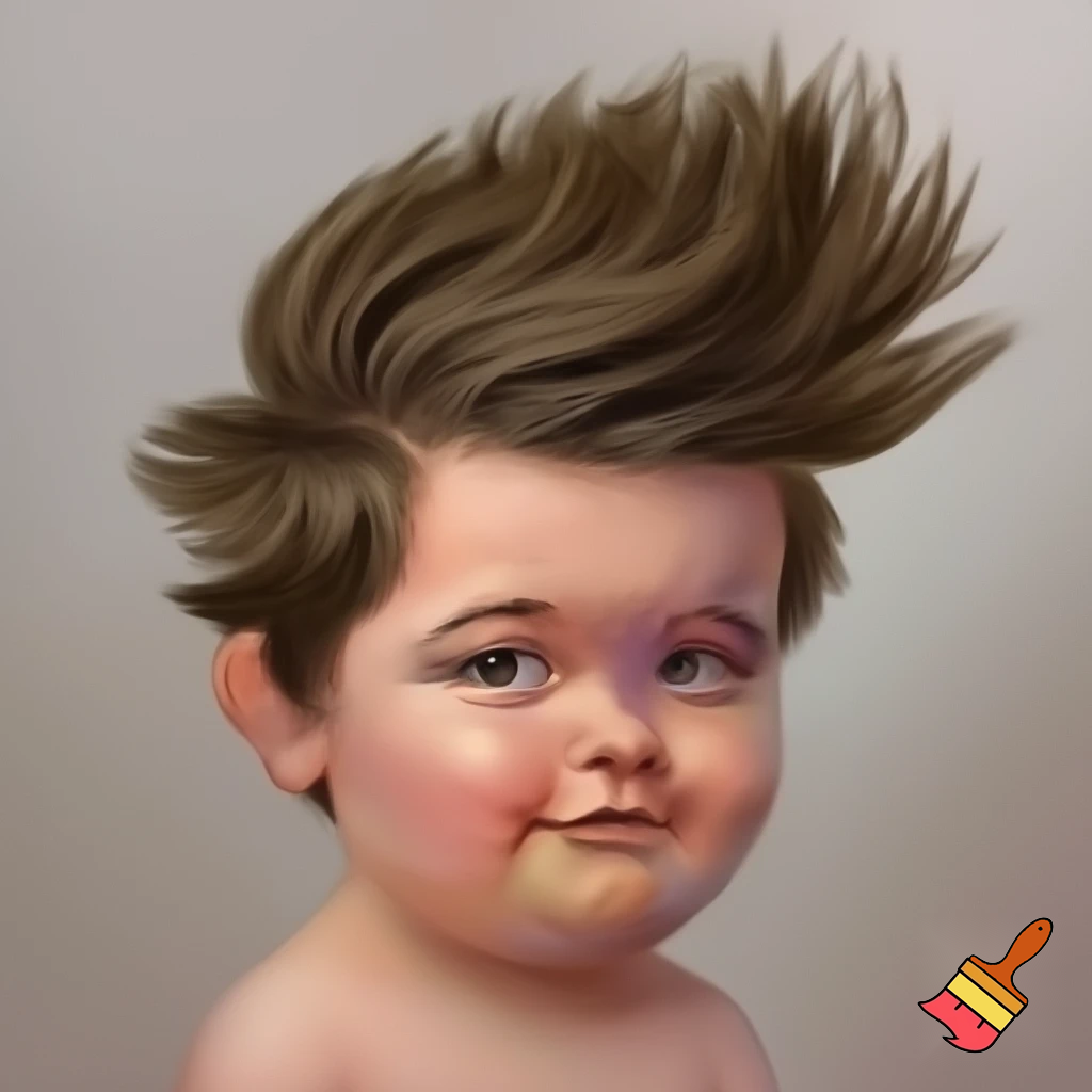 A 13 year old overweight boy with thick brown hair cut into a shape of toilet brush