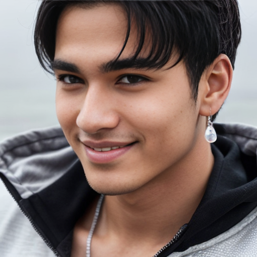A cheerful athletic teenage boy, with short black hair, defined face (slightly angular heart-shaped jawline), tall straight nose, light brown eyes, wheatish skin, 183cm tall, inverted triangle body (broad shoulders, narrow waist), wearing a sporty zip-up jacket with the collar slightly open, subtly revealing a toned chest, smiling warmly at the camera, clean and refreshing aura.

(masterpiece, best quality, ultra-detailed, 8k, photorealistic anime:1.2),
young male character, messy black hair, light brown eyes (half-covered by hair), moist lips, faint blush,
wearing translucent white T-shirt (slightly wet texture),
accessories: silver star-shaped drop earrings (double earrings), silver chain necklace with crystal pendant, silver ring (on middle finger),
pose: head tilted back, one hand gently touching hair (fingers slightly curled),
background: soft misty/rainy atmosphere (blurred cool-toned environment, floating water droplets),
style: Chinese handsome male illustration (delicate facial features, realistic skin texture with subtle water droplets),
color tone: cool muted blue-gray dominant, with white (T-shirt) + silver (accessories) accents, soft diffused lighting (subtle highlights on skin and water droplets),
composition: extreme close-up (half face + neck), upward angle perspective, shallow depth of field (blurred background),
additional details: translucent T-shirt texture, water droplet sparkle on skin/hair, silver jewelry luster, gentle and ethereal atmosphere