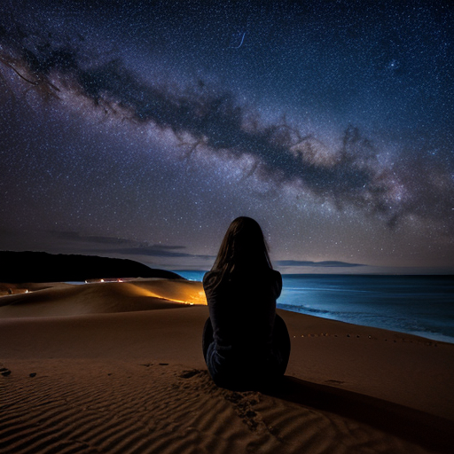A girl amidst the sand, with the sea before her, gazing at the stars
