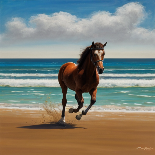 cavallo che corre sulla spiaggia con mare agitato e cielo annuvolato. L'immagine deve essere pittoresca e assomigliare a un dipinto a olio.