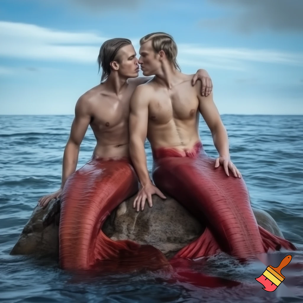 Outdoor photo of realistic shot of two caucasian mermen sitting together on a rock in the middle of the ocean, with one merman having his arm around the other. Their bodies are toned and muscular, with narrow waists and wide shoulders. They have short wet and messy hair. Their bodies are dripping wet. Their waists merge seamlessly into long, deep scarlet fish tails with large frilly fins. They are looking into each others eyes. They are kissing and touching each others chests