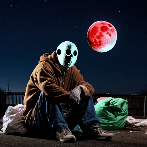 Homeless monster man with glowing moon for head