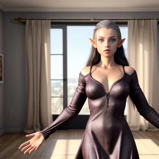 10 elven years is equal to one human year. A 120-year-old elf girl has entered another world. It has a material called Lightium. Its peculiarity is that upon contact with oxygen it becomes completely invisible.
A girl, walking in this world, accidentally enters a house where a woman lives. At one point, the woman steals all the girl's clothes and gives her a Lightium dress in return. Then the room fills with oxygen. The Lightium reacts. The dress becomes completely invisible.
Hyperrealistic image. Only the girl is visible. Her arms are spread out.