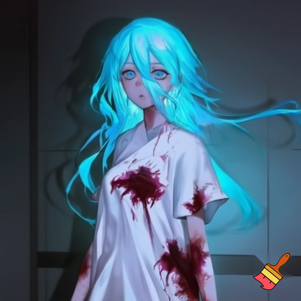 An anime girl with glowing blue hair and glowing blue eyes in a bloody hospital gown