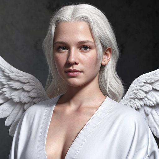beautiful pale-skinned white-haired angel in white robes with white feathery wings