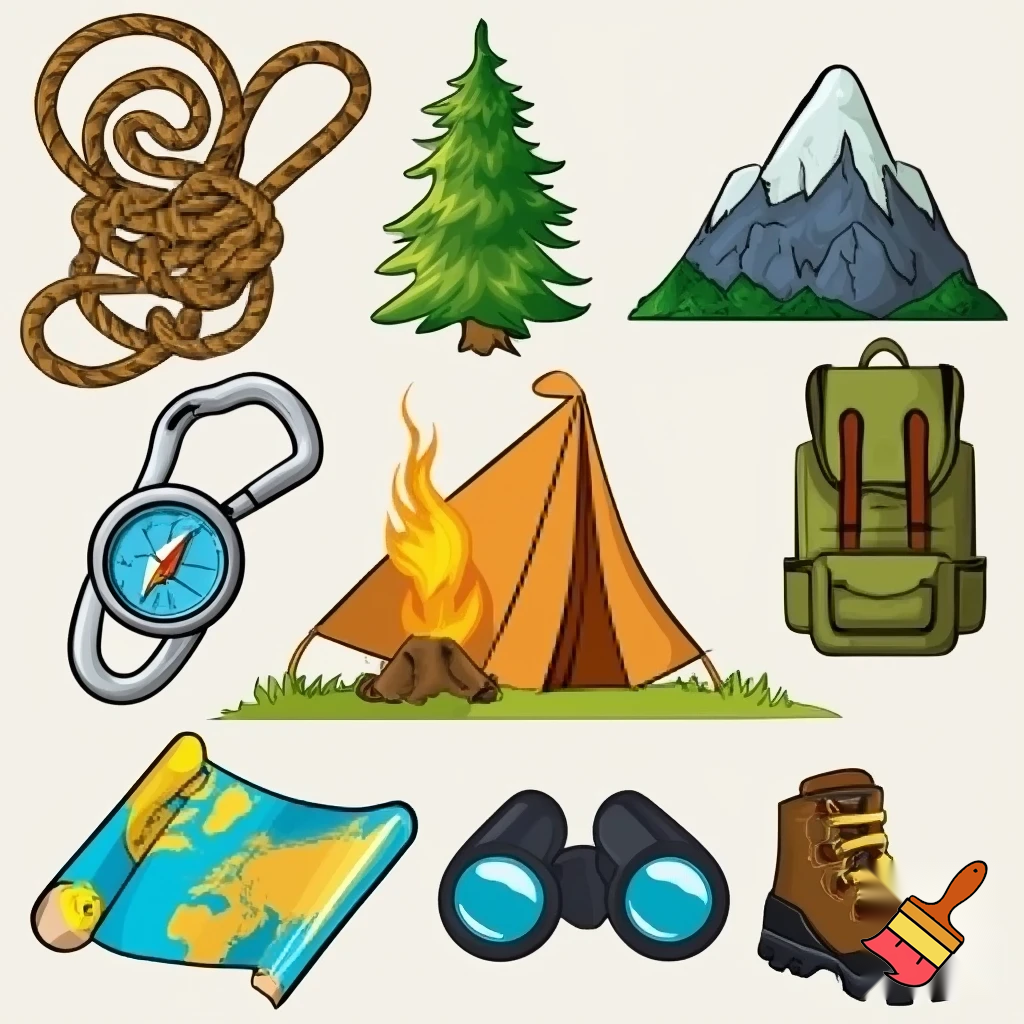 single icons of nature exploration in cartoon style : cord, fir tree, mountain, campfire, tent, carabiner, compass, backpack, world map, hiking shoe, binoculars