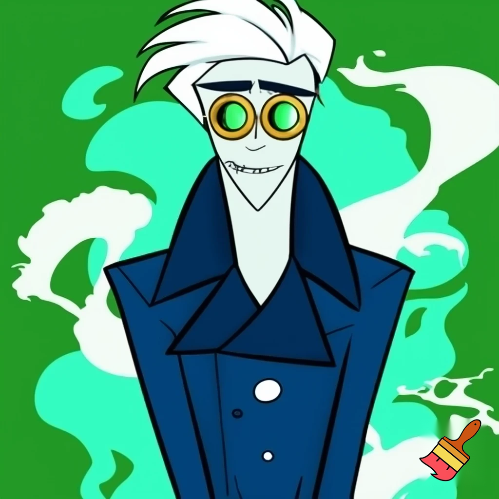A tall, lean pale man with white hair, green eyes and distinctive round brass glasses In cartoonish art style of hazbin hotel wearing his signature blue overcoat and smoke curling around him