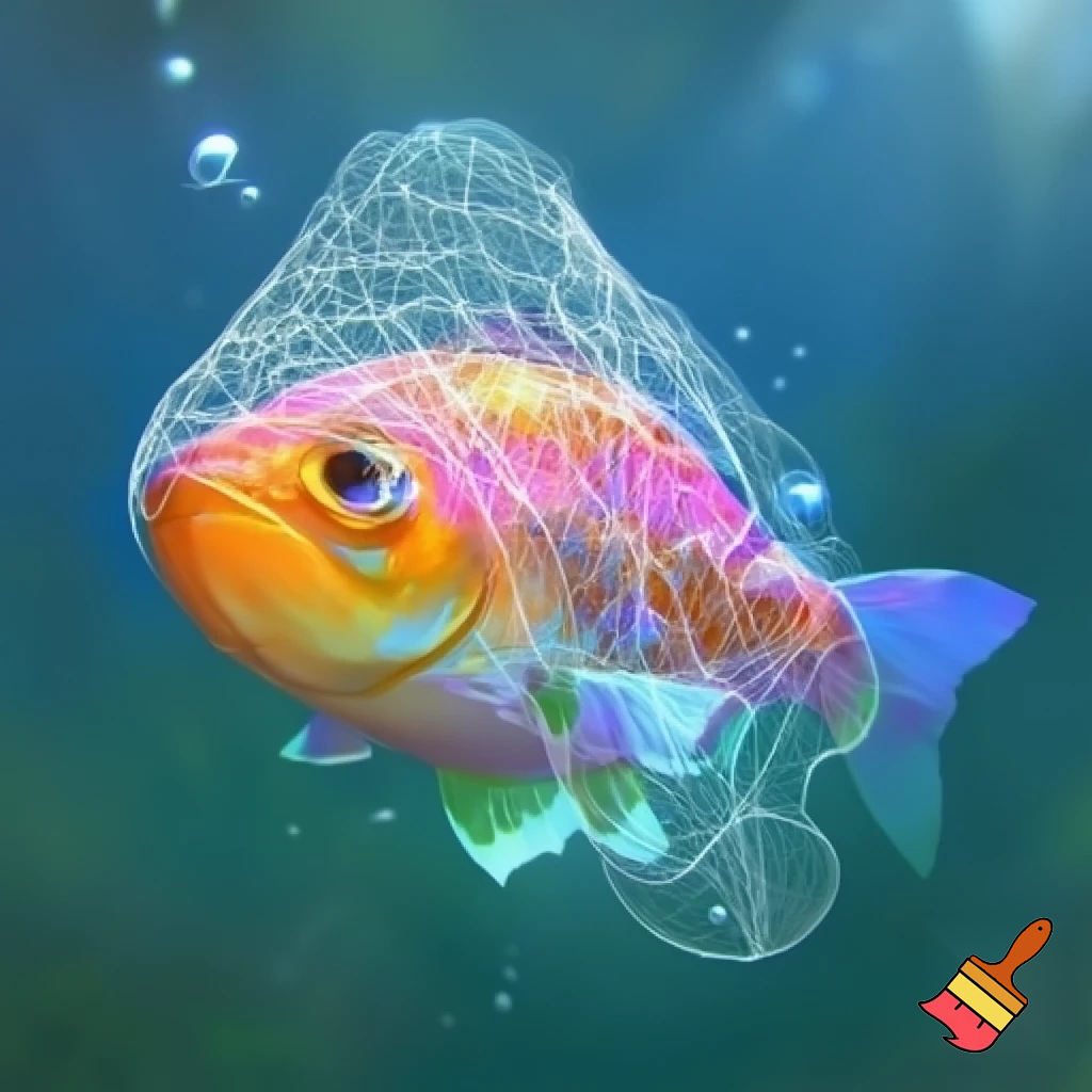 Draw me a picture of a fish wearing a fishing net like a wedding veil.