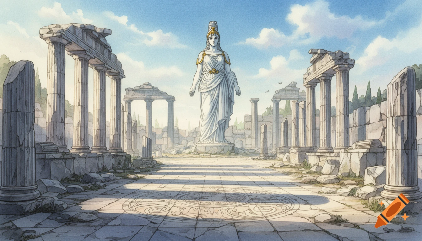 Ancient greek ruins landscape, including the ruins of some temples and some isolated doric columns, and a gigantic Athena marble statue in the center of the background. Floor must be made of deteriorated marble tiles. The scene must take place during daytime, with diffuse illumination. The art style must resemble water-color japanese animation backgrounds, commonly seen in 80s cartoons like Saint Seiya. The generated image must be a general camera plane of the place.