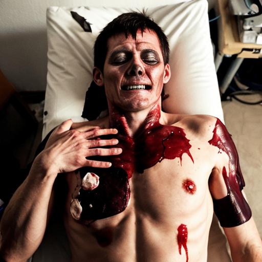 A corpse shirtless man, died, face are hiding by shirt with cut eye part (not eye human), eye closed, chest fully opened wounded circle on center and torn apart skin, blood everywhere. Gibs and ribs (from chest bone) everywhere and broke, organs piece by piece.