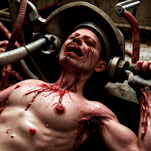 Photorealistic cinematic horror still, grim industrial human abattoir processing facility, blood-drenched concrete walls with exposed rusty pipes and flickering fluorescent lights, long conveyor belt carrying piles of naked flayed human corpses with realistic wet muscle tissue, exposed bones, and glistening blood, scattered entrails and meat chunks on the floor, workers in stained overalls and hard hats handling hooks and bodies with exhausted or horrified expressions, hanging dismembered torsos on overhead meat rails, massive background machinery like giant grinders, visceral body horror and industrial decay, inspired by Texas Chain Saw Massacre, David Cronenberg, H.R. Giger biomechanical style, and Goya's grotesque paintings, ultra-detailed textures, subsurface scattering on skin and blood, cinematic volumetric lighting, raw photorealism, 8k, horror atmosphere --ar 3:4 --stylize 50