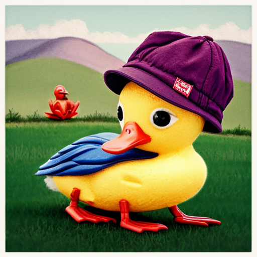 Blue duckling, purple duckling with eyelashes and red bow, yellow duckling with pink cap and red duckling with gray glasses went out one day, over the hills and far away.