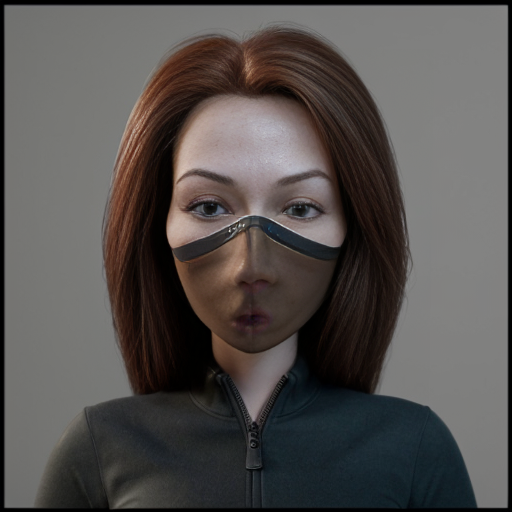 Photo of a pphotorealistic woman, lookalike of Edna from the Incredibles, very attractive facial features, very young looking for her age, 45 yo. The woman is wearing a broken Jason mask (covering only 3/4 of the face, with the top left quarter being uncovered, her deep brown eye visible. Is wearing a very modern elegant b&w outfit, holding chainsaw in hand.