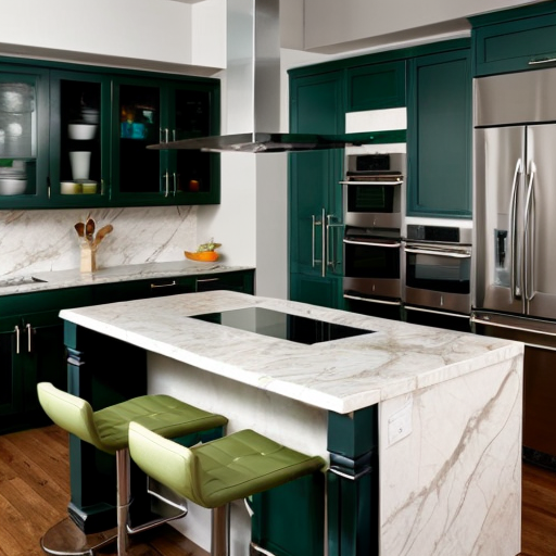 Create me a kitchen with a white marble surface and green kitchen cabinets
