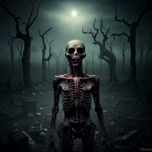 A highly detailed, dark surreal scene featuring a menacing demon amidst a gruesome landscape of decaying corpses, with visceral body horror elements, twisted organic forms, and a haunting, ominous atmosphere, illuminated by eerie, unnatural lighting.