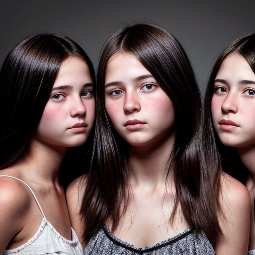 Generate a family photo of 16 year old triplet girls with black hair make sure they have black hair

