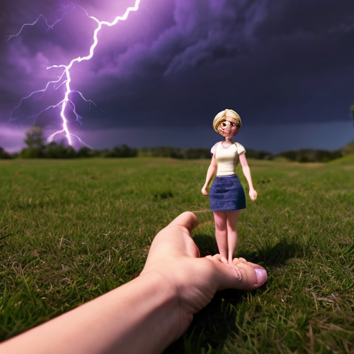 Lily Lowbraid from Poppy Playtime 5, standing upright, low-angle perspective, looking directly at tiny viewer (lilliput scale), one hand flat on the ground, palm naturally resting, fingers slightly spread, dramatic purple lightning sky, road and grass environment, realistic PS5-style graphics, photorealistic, highly detailed